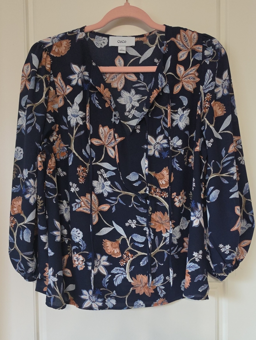 CeCe Navy Floral Tie-Neck Long-Sleeve Blouse - Large